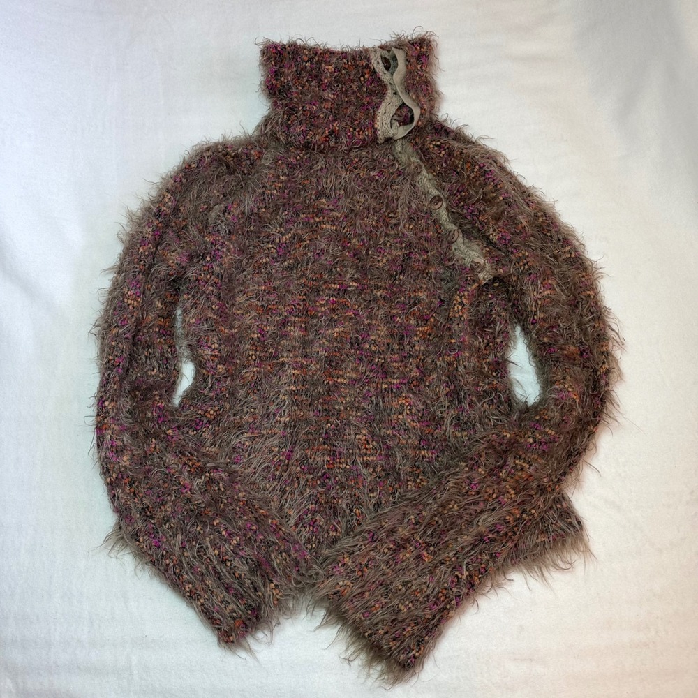Vintage I AM Fuzzy Eyelash Knit Side Button Turtleneck Sweater Brown Pink 2